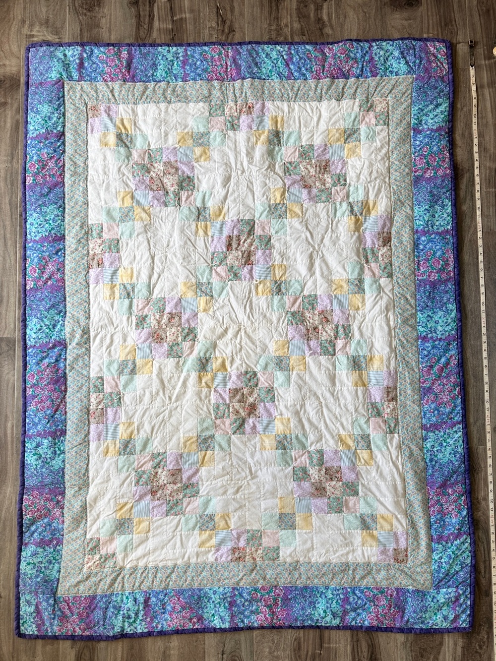 Soft Handmade Pastel Patchwork Quilt Blanket Purple, Sage Green, White